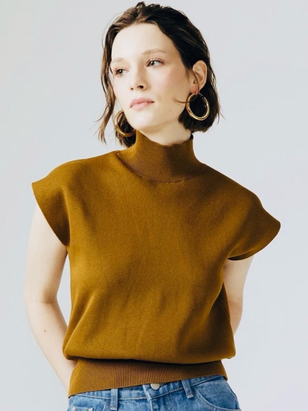 Relaxed Mock Neck Short Sleeve Dolman Sweater - Warm Golden Yellow, XS/S